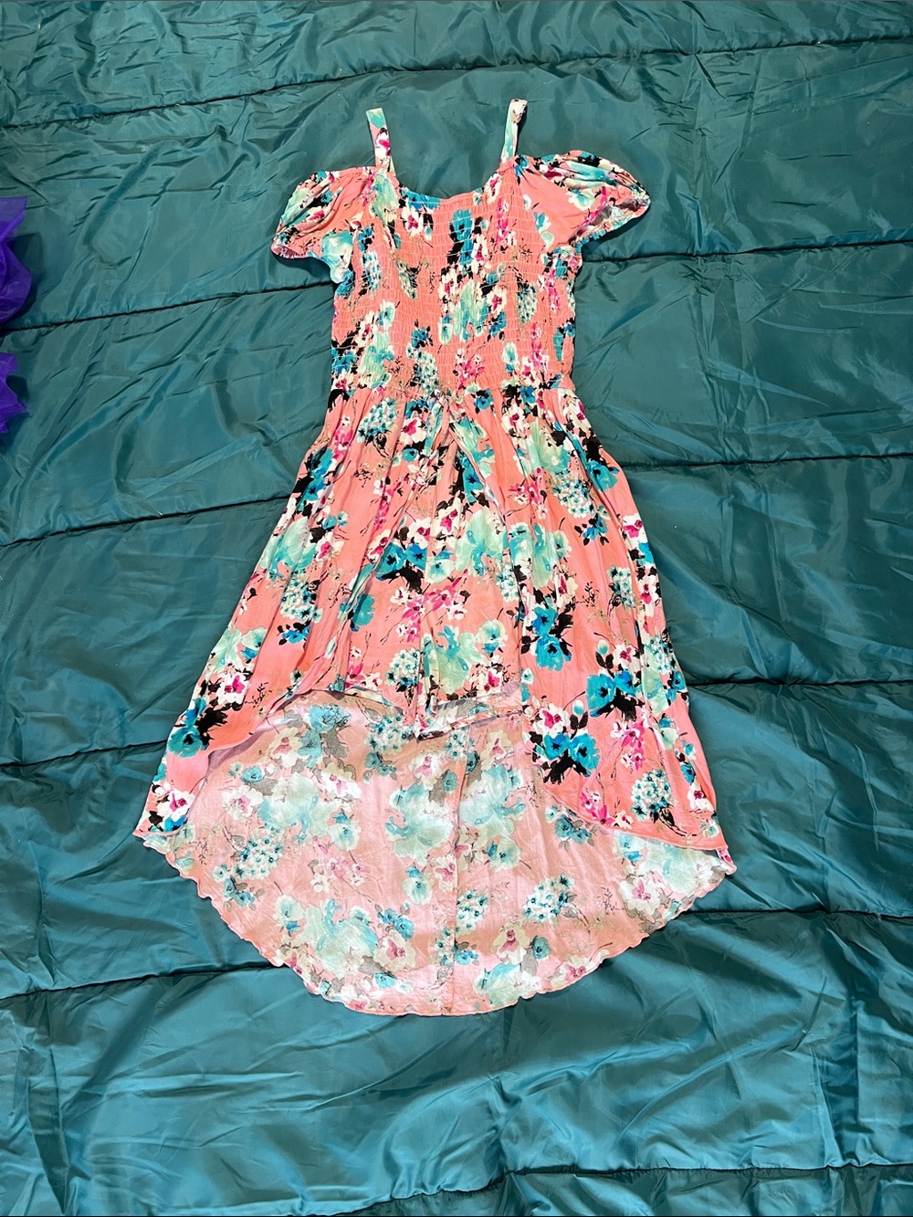 Justice Coral Floral High-Low Dress with Teal Accents